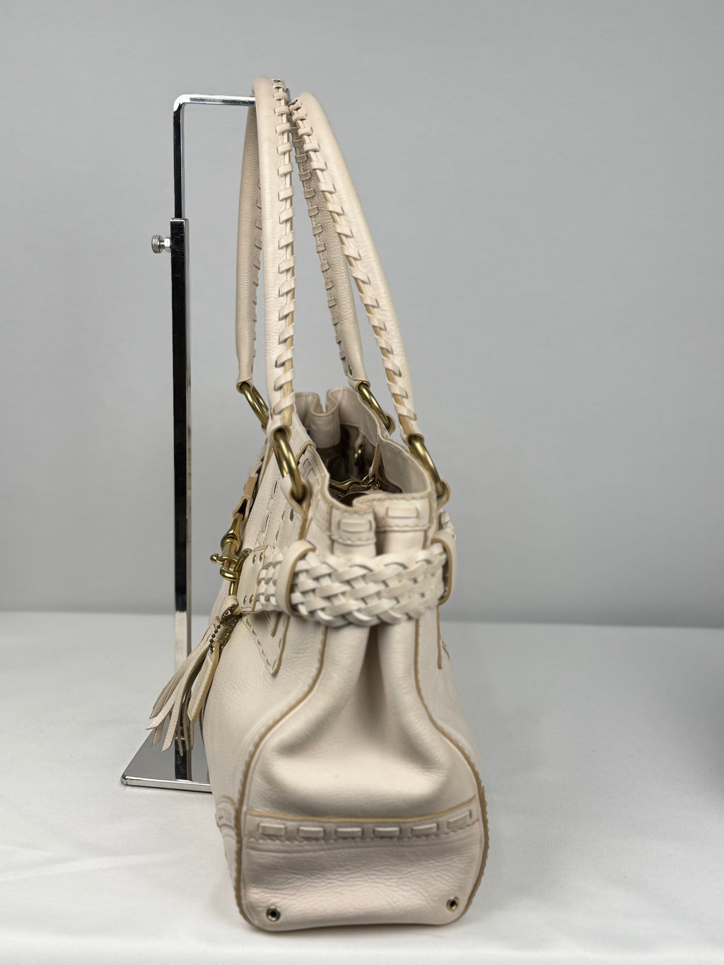 Coach 9290 Hampton Clip White Leather Shoulder Bag Braided Detailing
