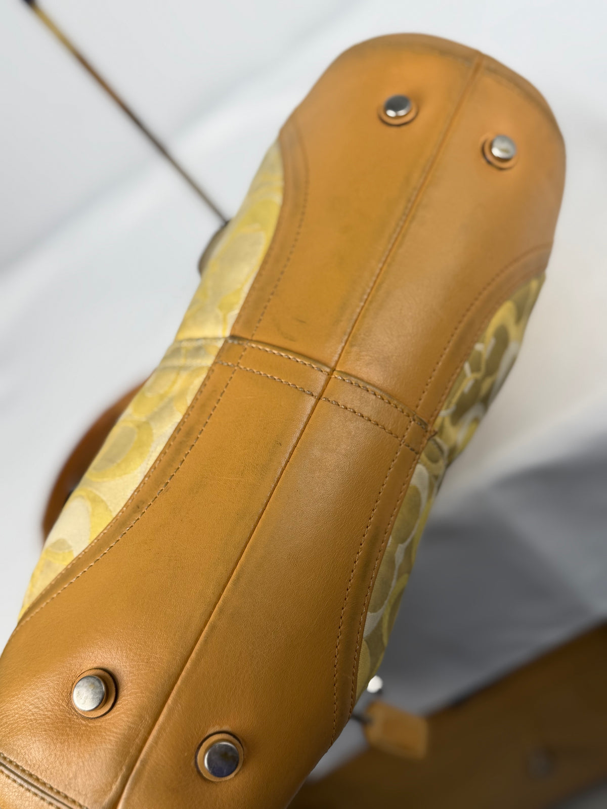 Coach 6722 Yellow Op Art Monogram Soho Shoulder Bag Tan Leather Trim