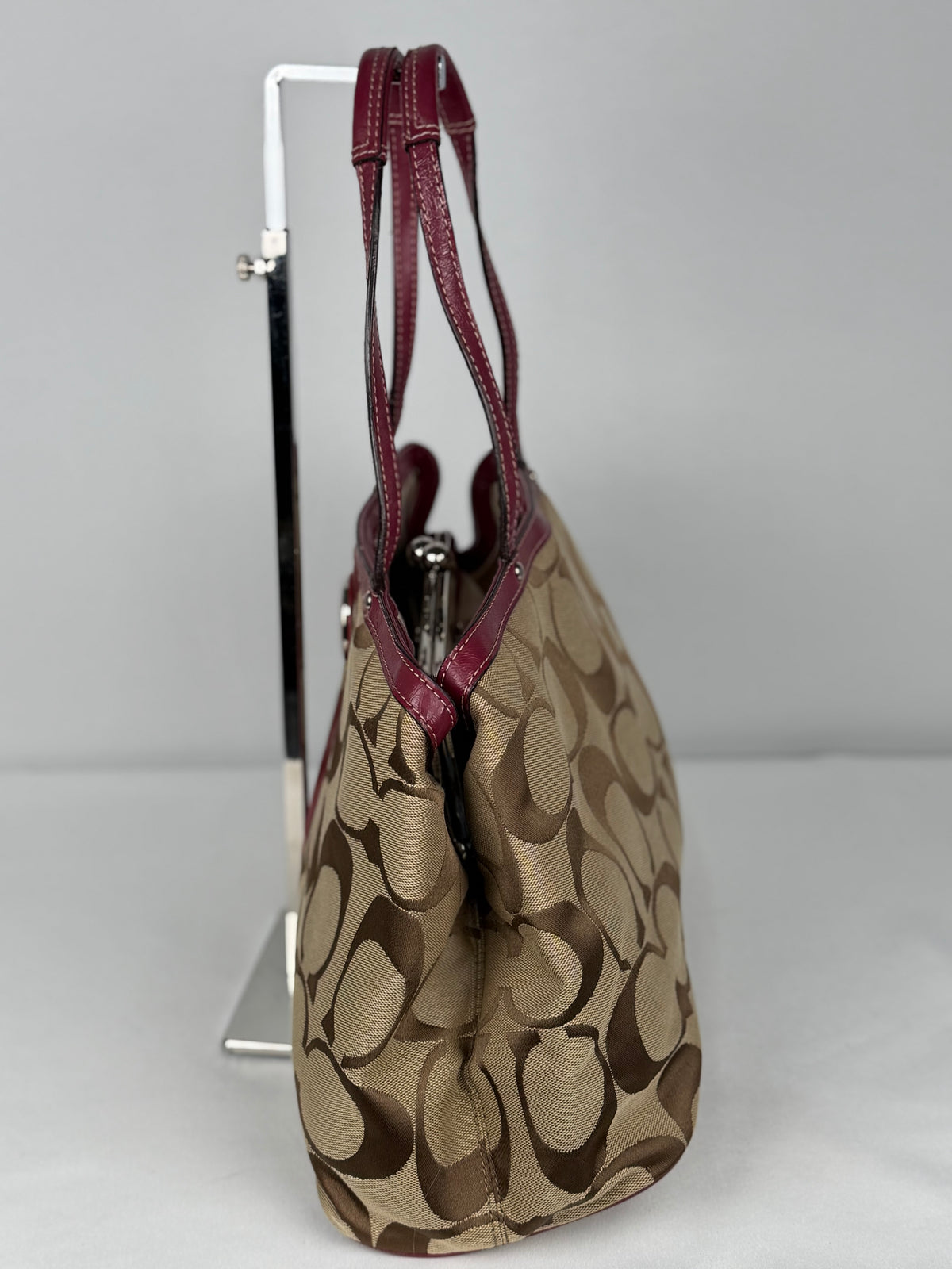 Coach F19190 Kisslock Signature Brown/Red Shoulder Bag Leather Trim