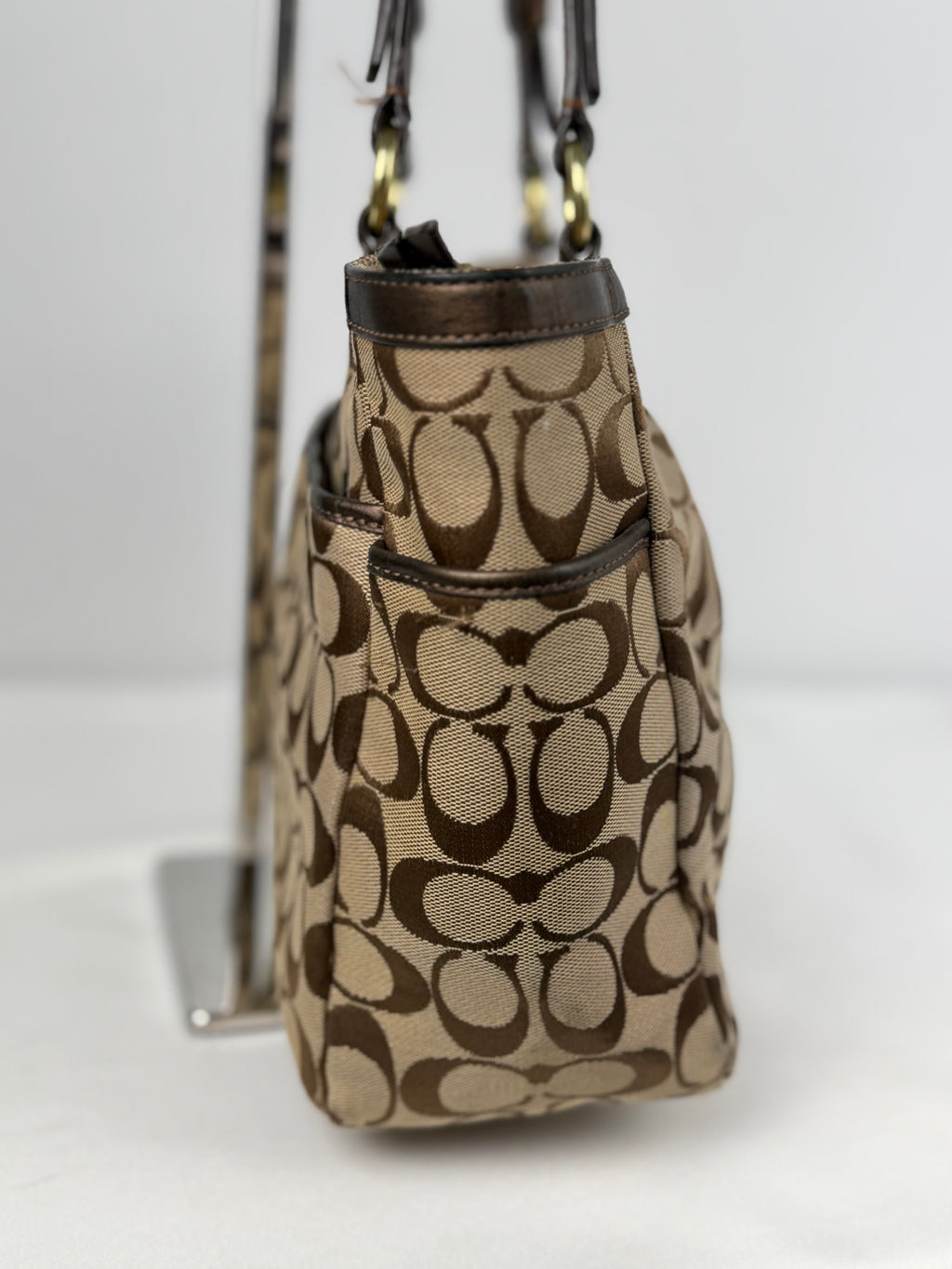 Coach F17726 Signature Brown Shoulder Tote Bag Leather Trim