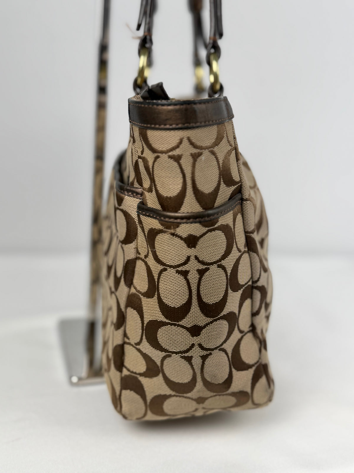 Coach F17726 Signature Brown Shoulder Tote Bag Leather Trim