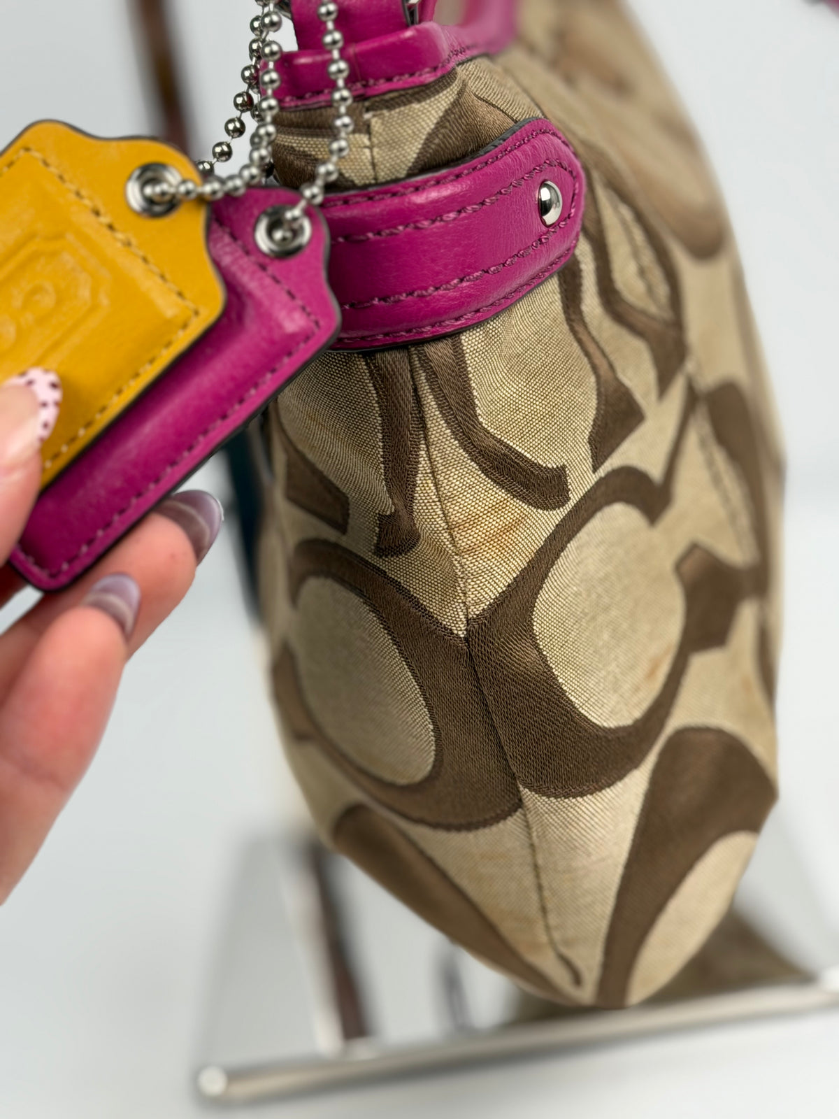 Coach F24063 Signature Brown Monogram Shoulder Bag Pink Leather Trim