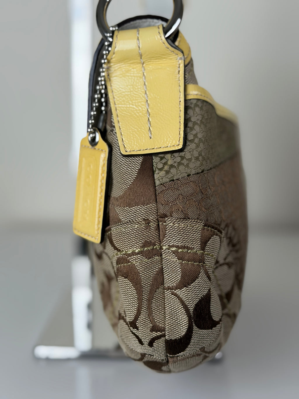 Coach F12316 Soho Signature Monogram Patchwork Shoulder Bag Yellow Patent Leather Trim