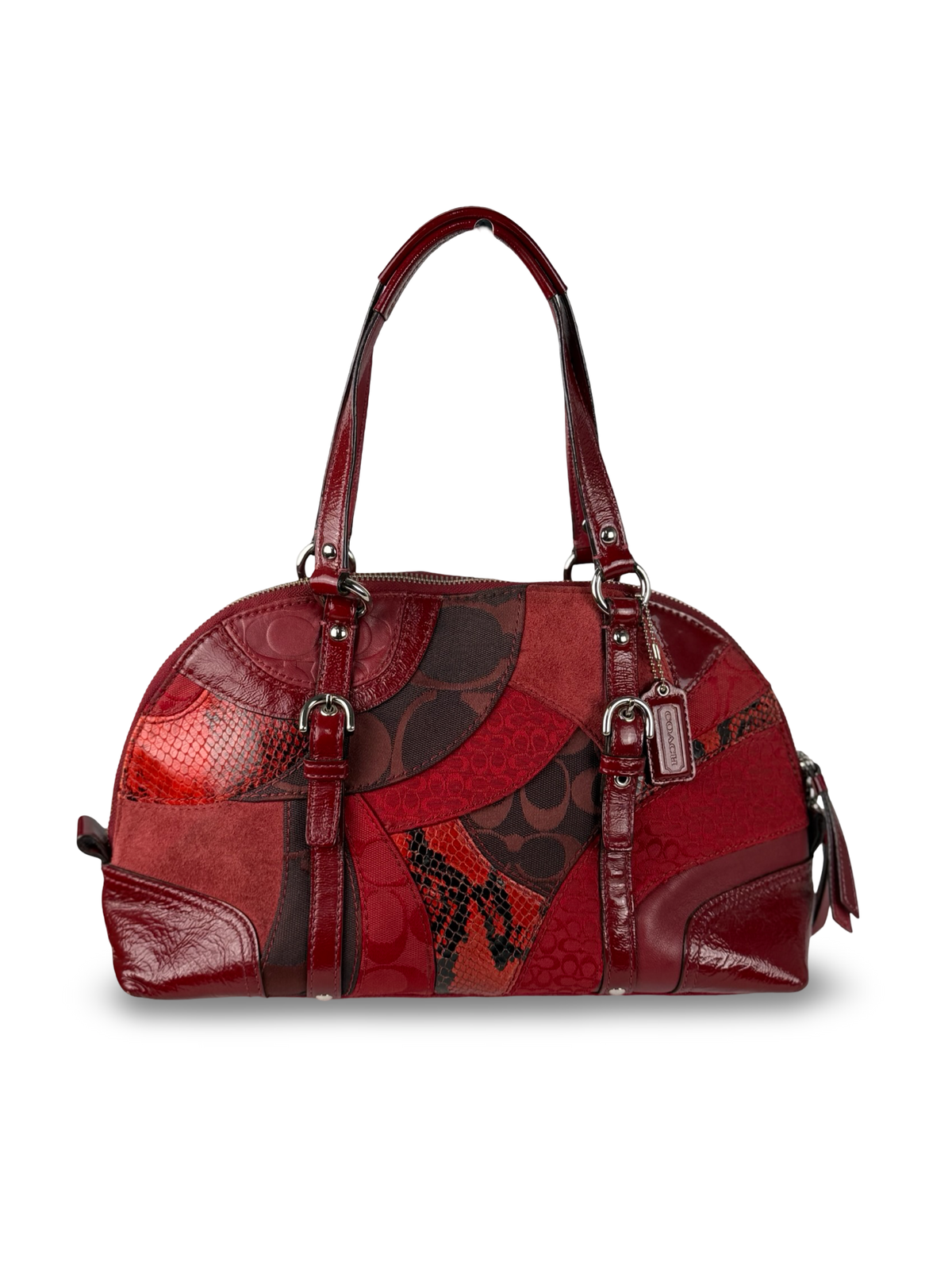 Rare Coach F14007 Red Patchwork Canvas Suede Leather Shoulder Bag