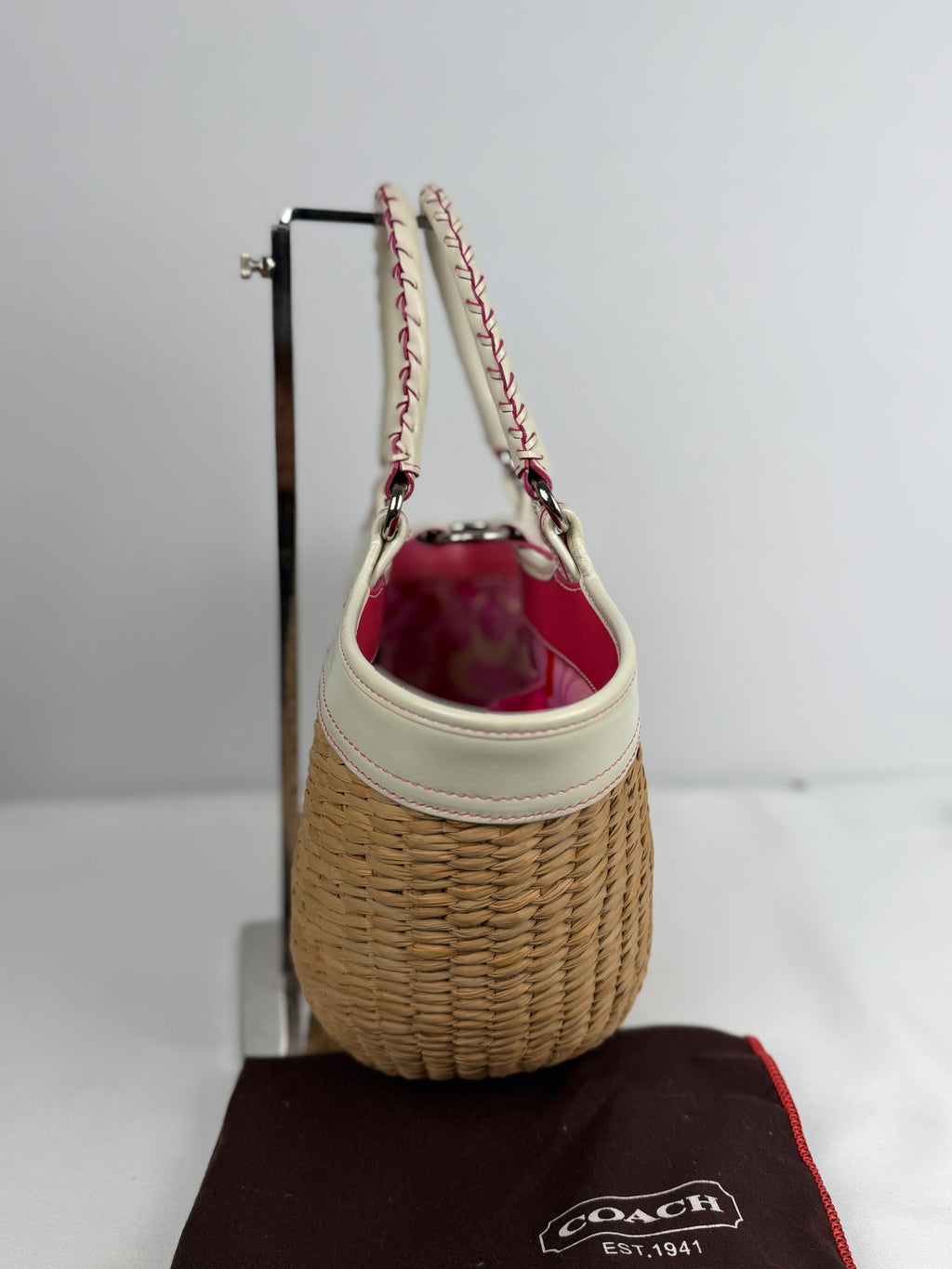 Coach 6271 Large Woven Straw Basket Bag White Leather Trim