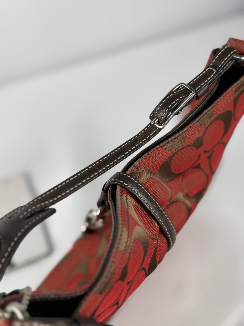 Coach 6091 Hampton Clip Signature Red/Brown Monogram Shoulder Bag Leather Trim