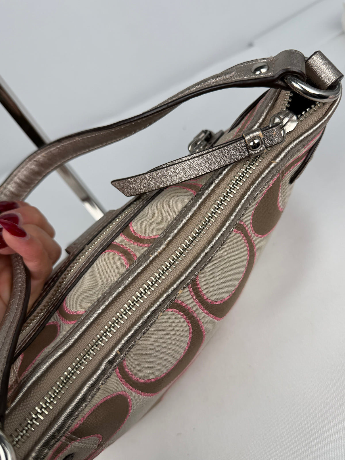 Coach F23946 Daisy Signature Monogram Pink/Beige Shoulder Bag Leather Trim