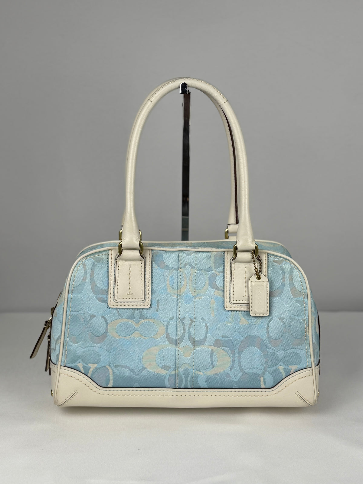 Coach 10777 Blue Optic Art Monogram Shoulder Bag Leather Trim