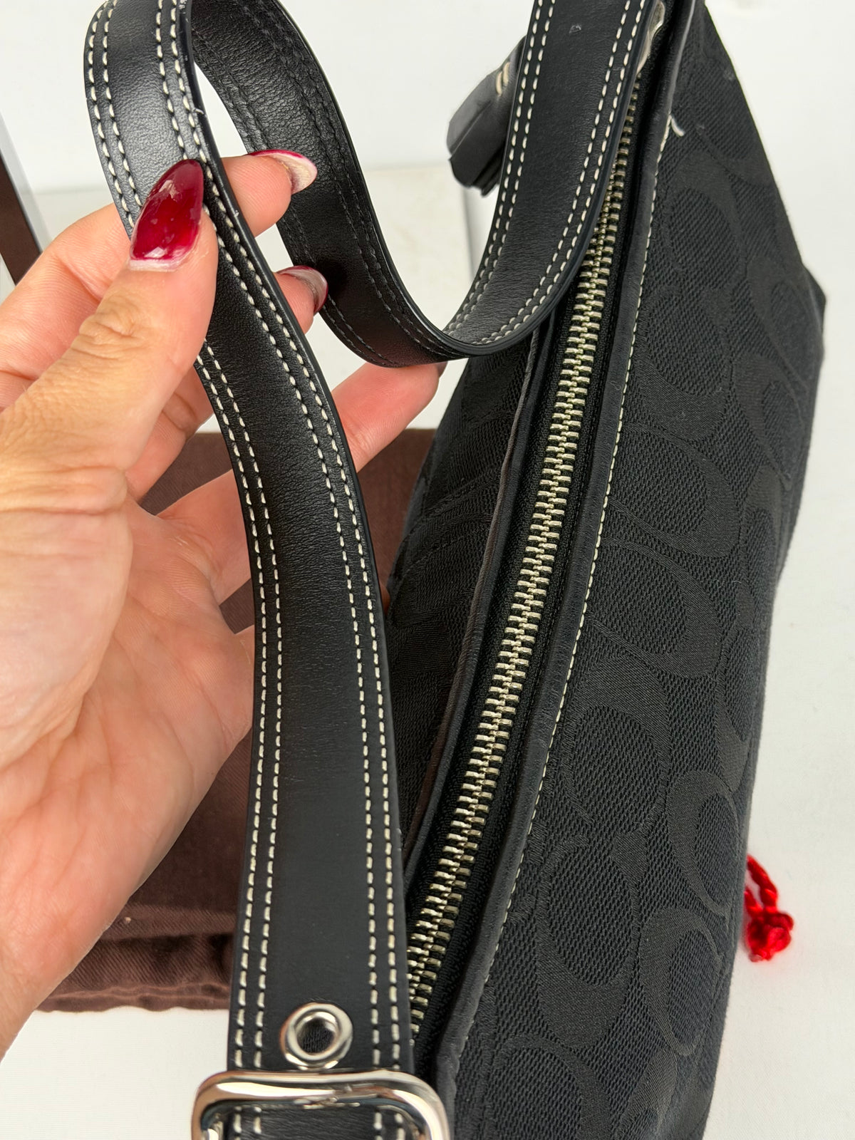 Coach 8K01 Baguette Signature Black Shoulder Bag Leather Trim with dustbag
