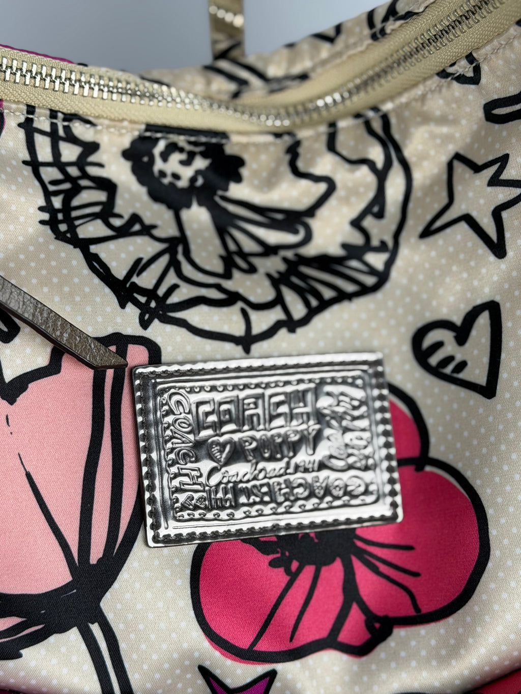 Coach F16493 Poppy Graffiti Floral Pink/Purple/Cream Shoulder Bag Leather Trim
