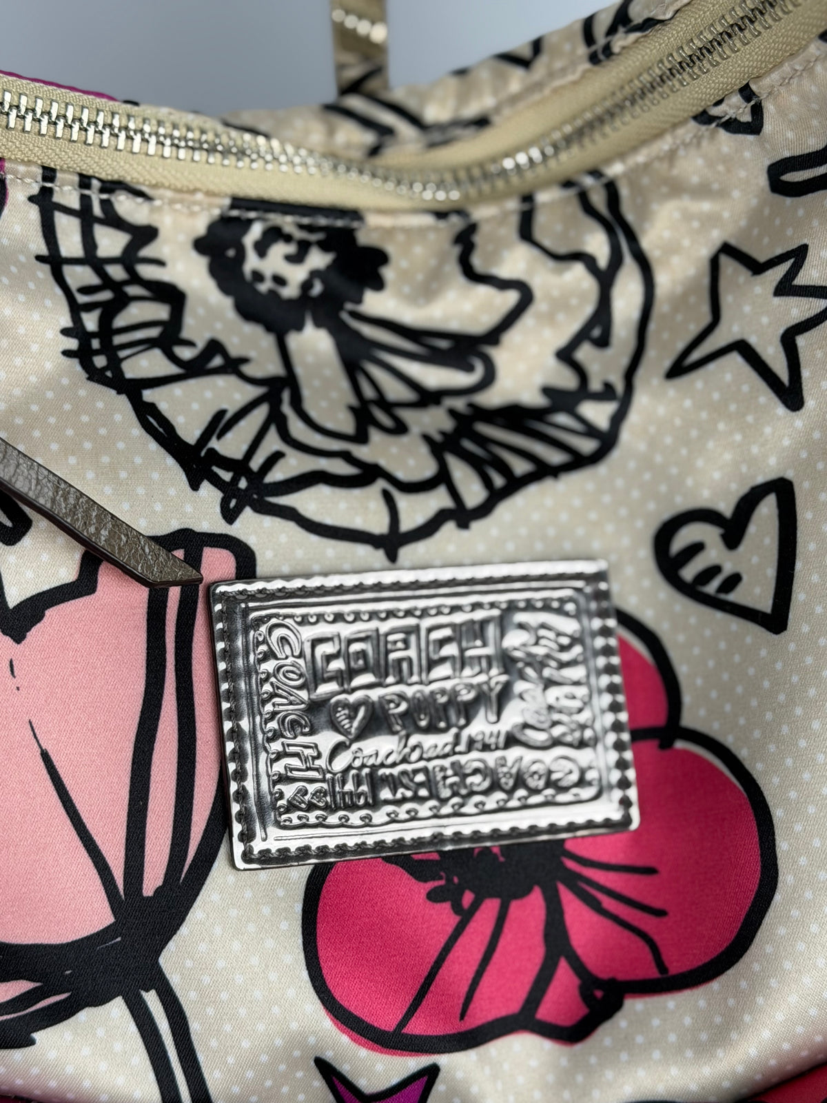 Coach F16493 Poppy Graffiti Floral Pink/Purple/Cream Shoulder Bag Leather Trim