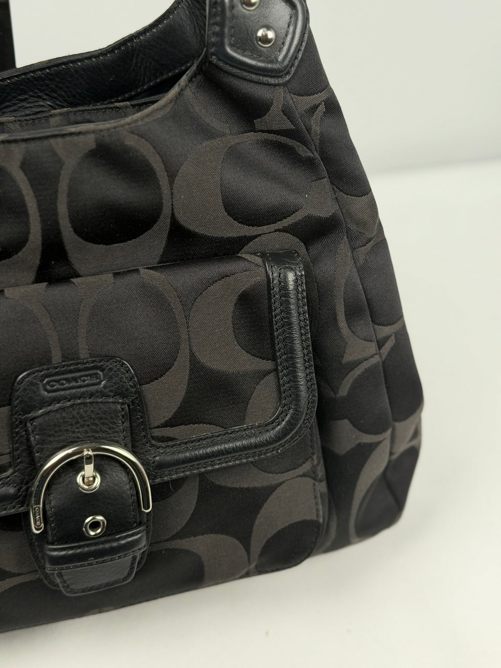 Coach F24742 Soho Black Moogram Shoulder Bag Black Leather Trim