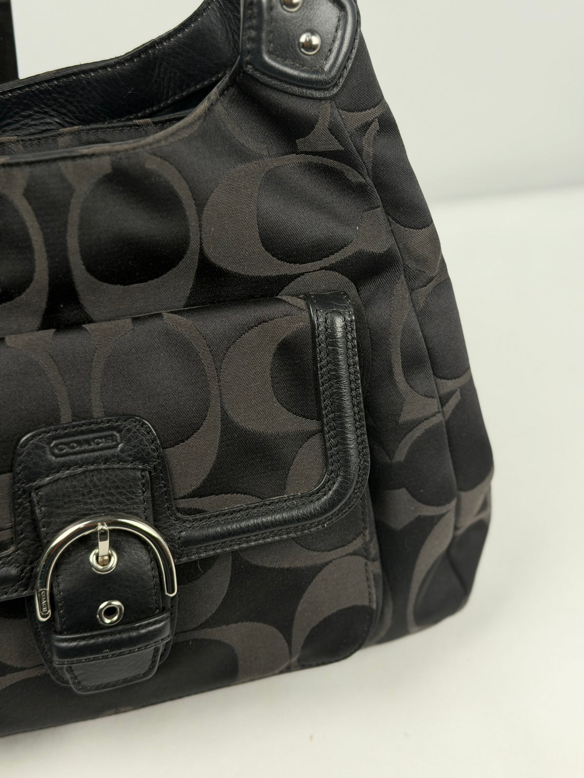 Coach F24742 Soho Black Moogram Shoulder Bag Black Leather Trim