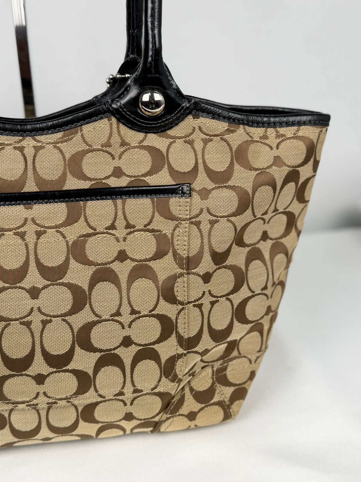 Coach F14385 Bleecker Signature Brown Monogram Tote Shoulder Bag Black Leather Trim