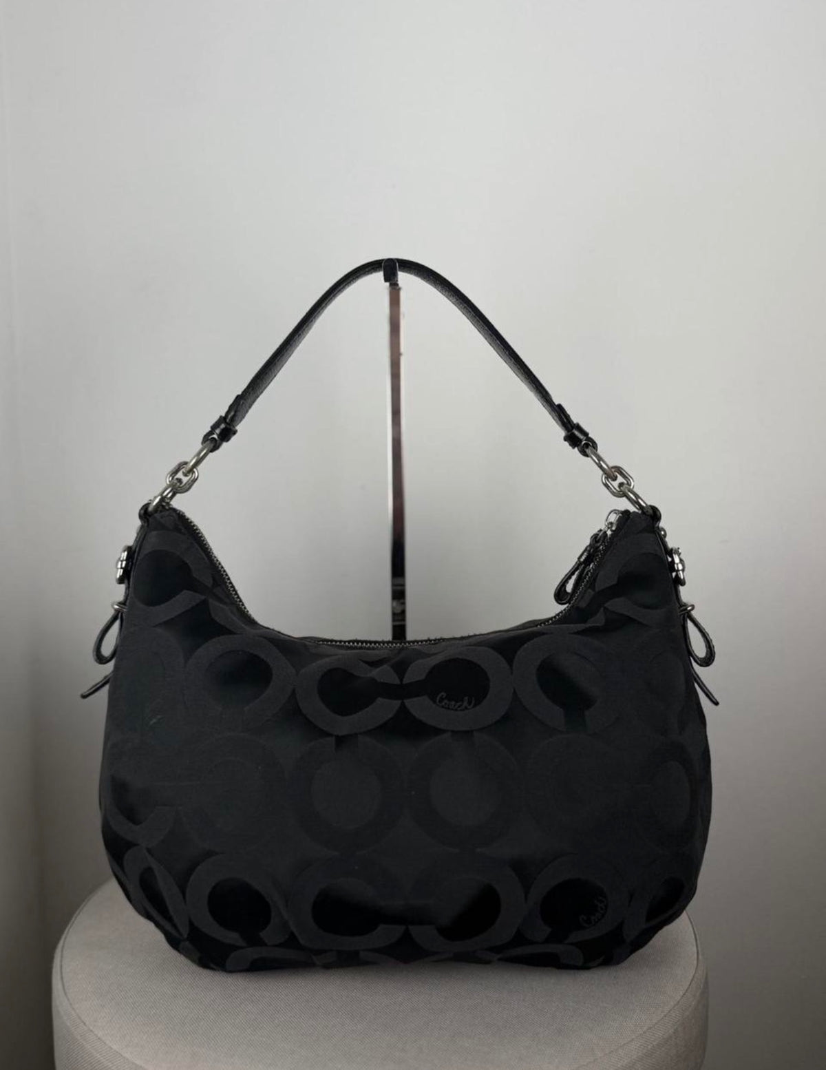 Coach 17694 Signature Black Op Art Monogram Shoulder Bag Leather Trim