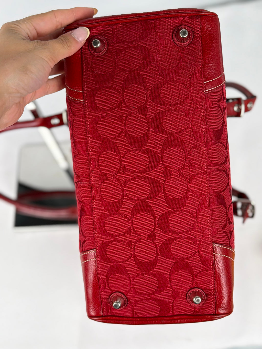 Coach 8K05 Mini Boston Signature Red Shoulder Bag Leather Trim