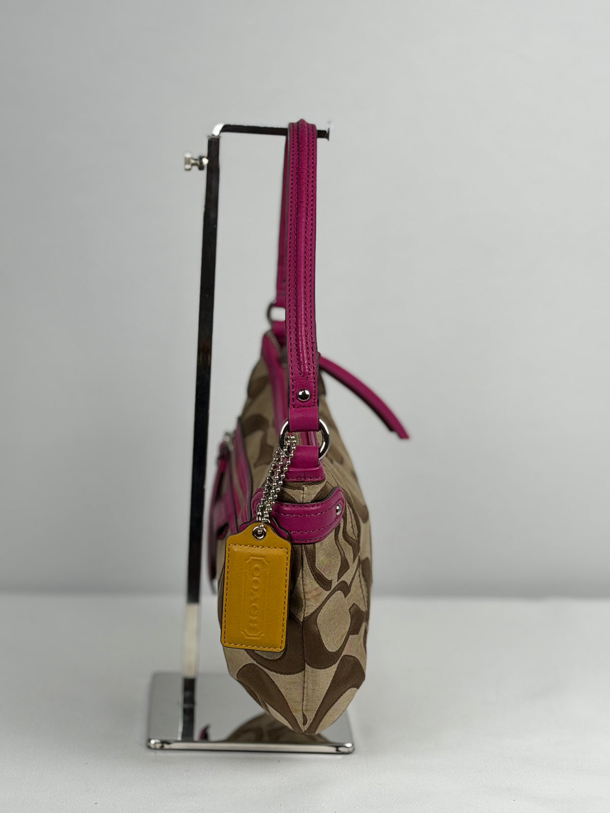 Coach F24063 Signature Brown Monogram Shoulder Bag Pink Leather Trim
