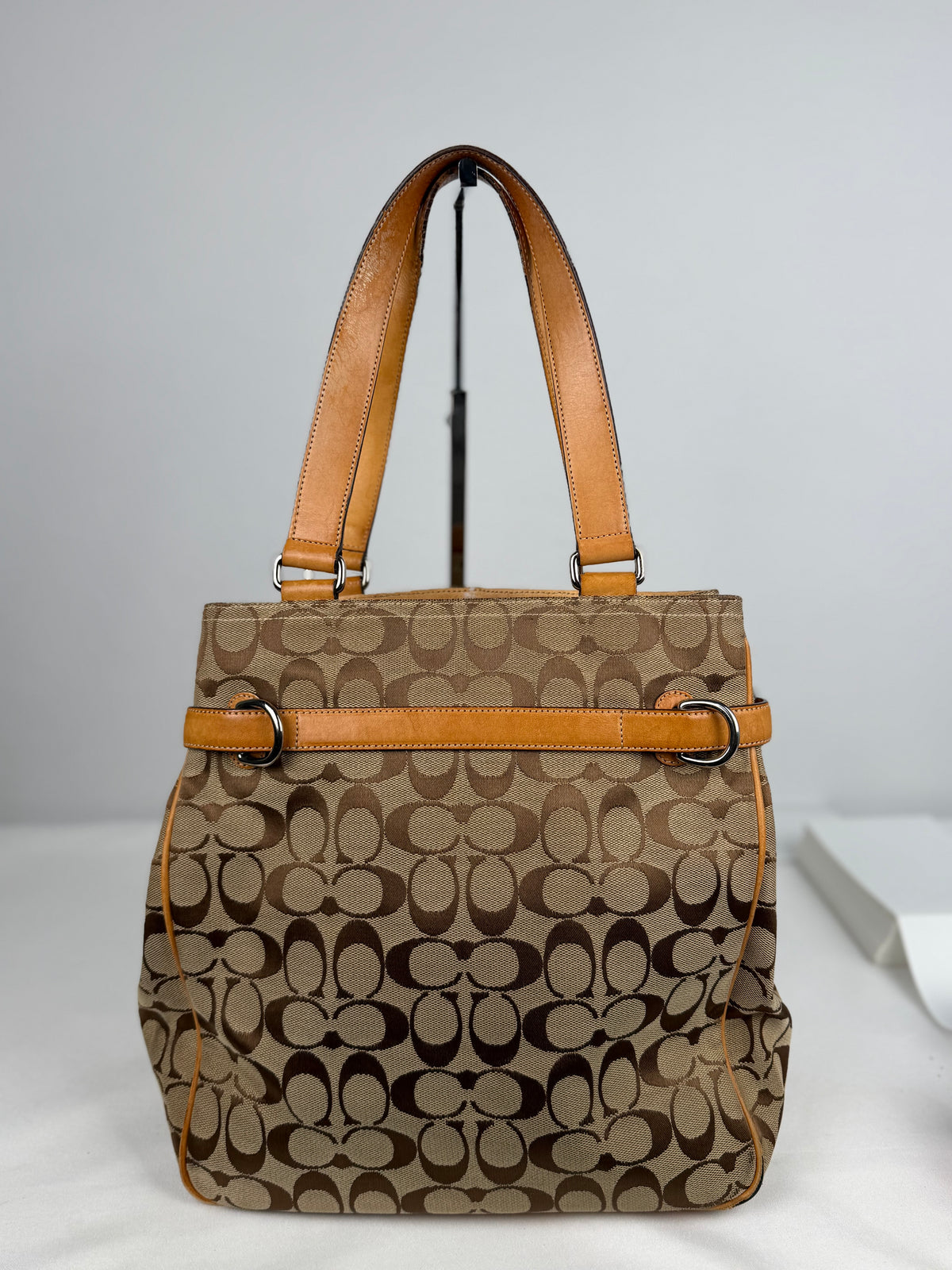 Coach 6352 Signature Brown Monogram Shoulder Bag Tan Leather Trim