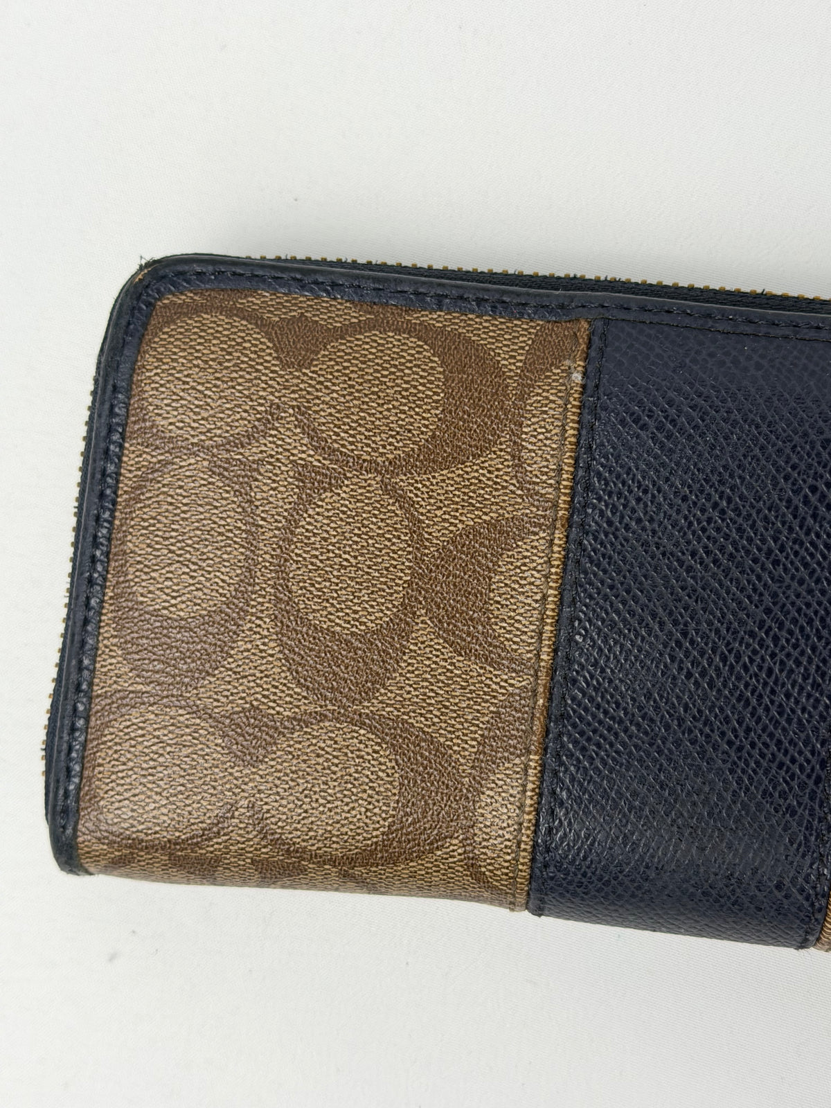 Coach F52589 Signature Brown Monogram Navy Trim Purse