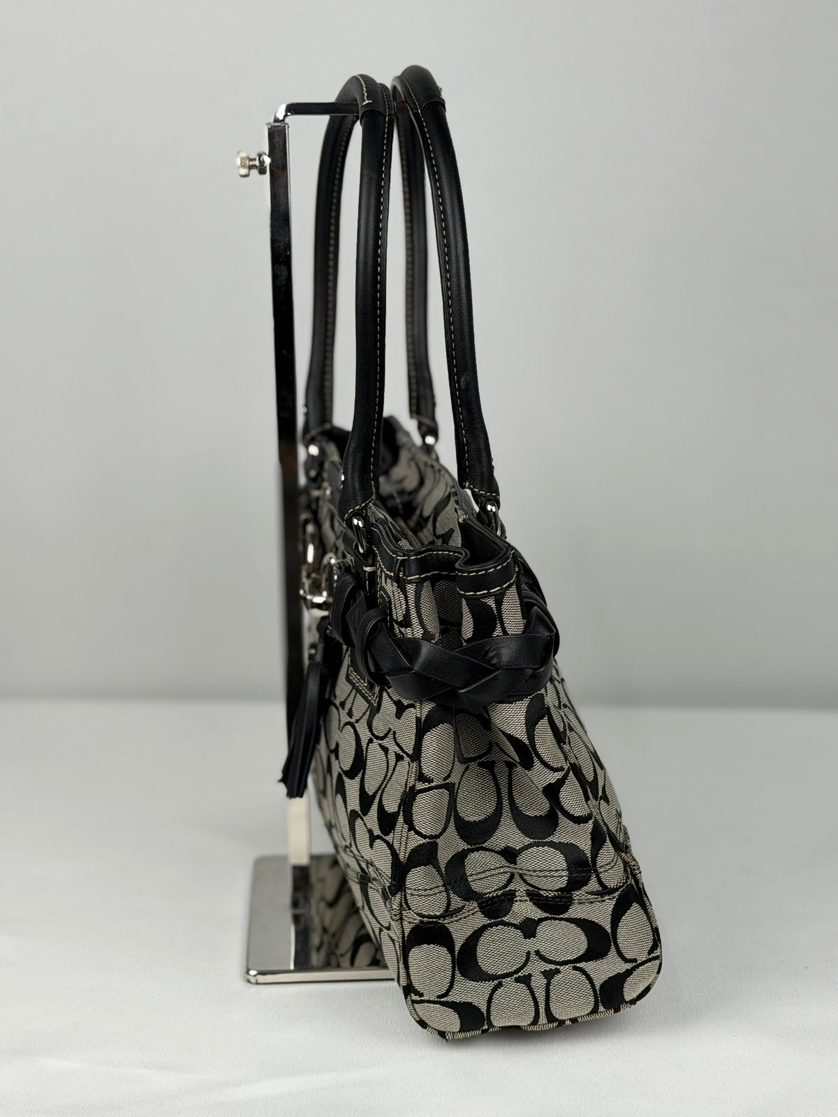 Coach F13065 Hampton Clip Signature Grey/Black Monogram Shoulder Bag Leather Trim