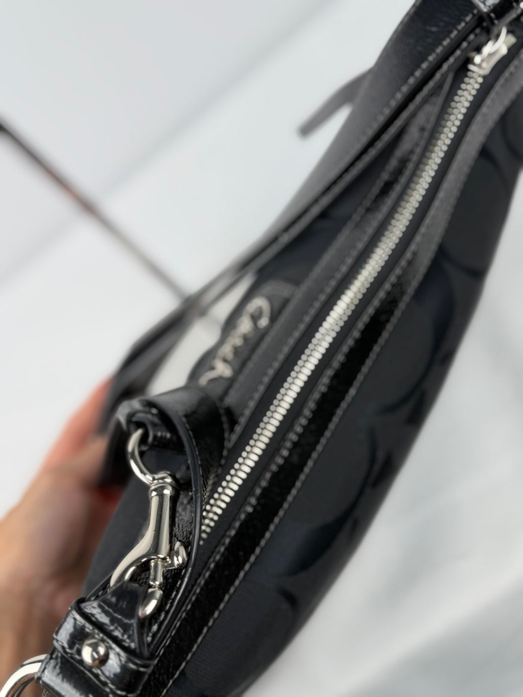 Coach F19731 Signature Black Monogram Shoulder Bag Black Patent Leather Trim