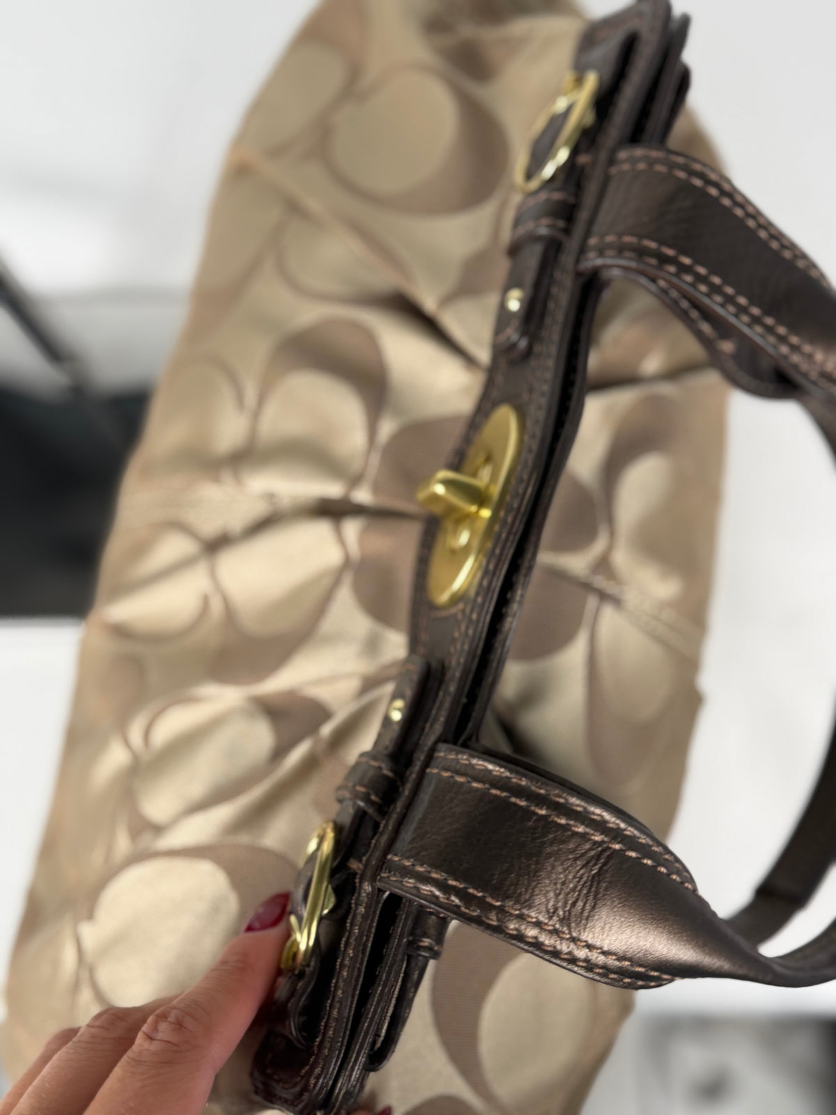 Coach F13906 Rare Turnlock Signature Beige Monogram Shoulder Bag Brown Leather Trim
