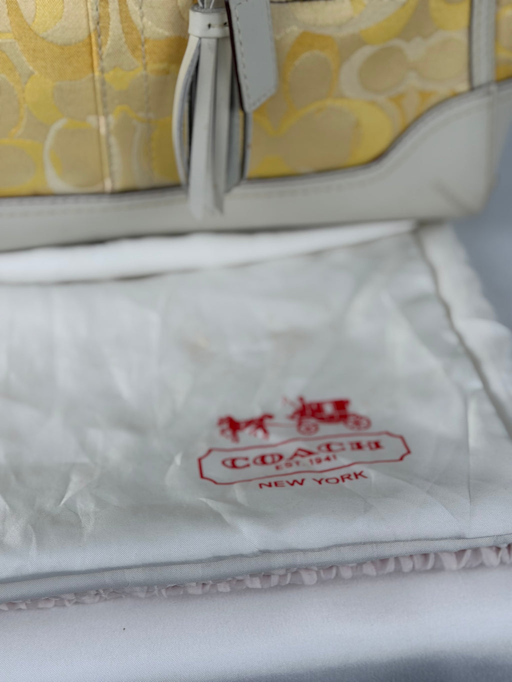 Coach 10785 Hampton Clip Op Art Yellow Monogram White Leather Trim Shoulder Bag