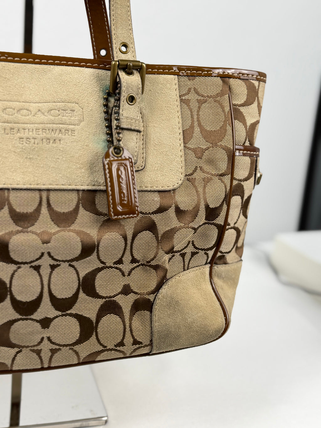 Coach 1443 Signature Brown monogram Tote Shoulder Bag Suede Leather Trim