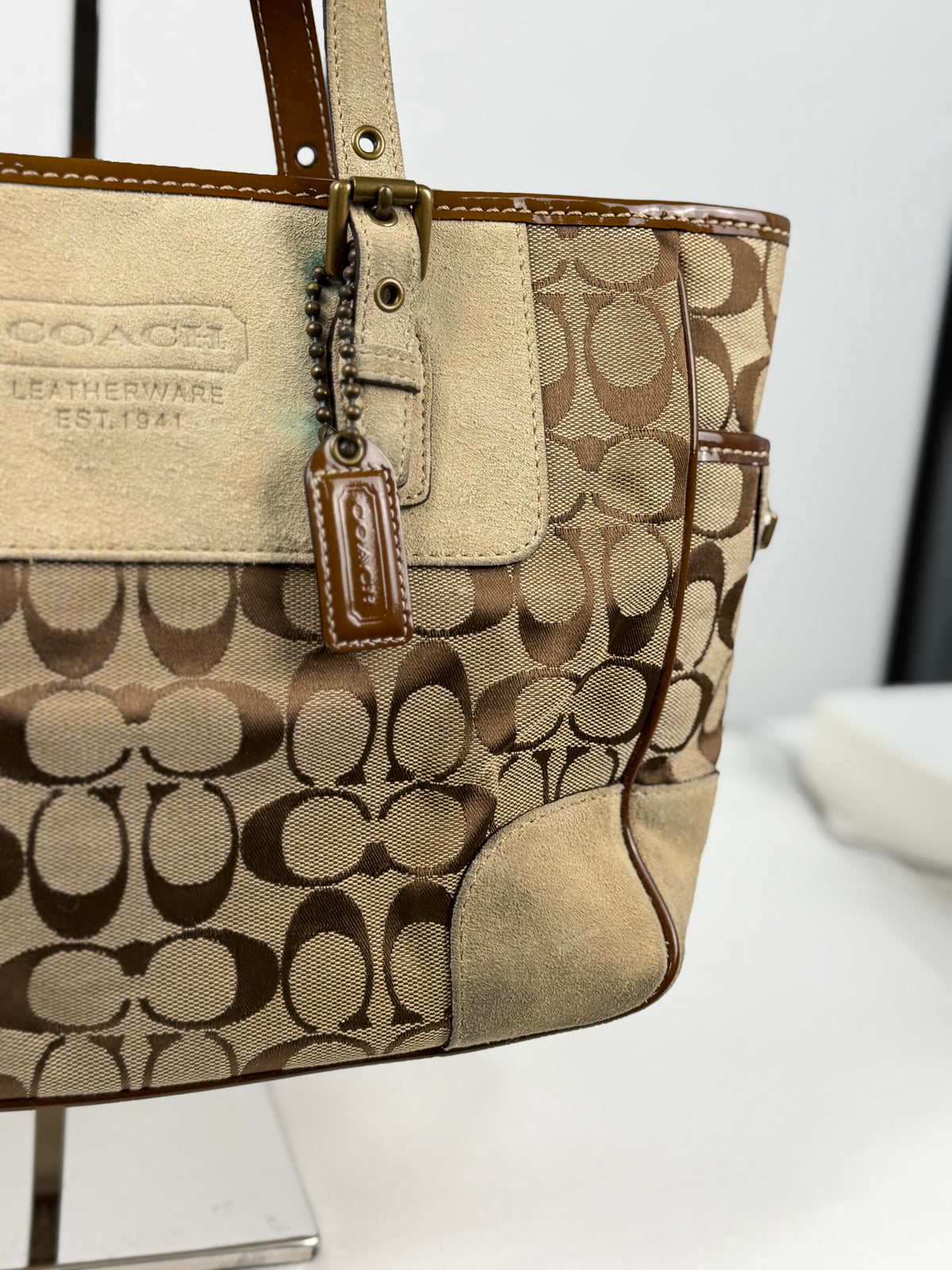 Coach 1443 Signature Brown monogram Tote Shoulder Bag Suede Leather Trim