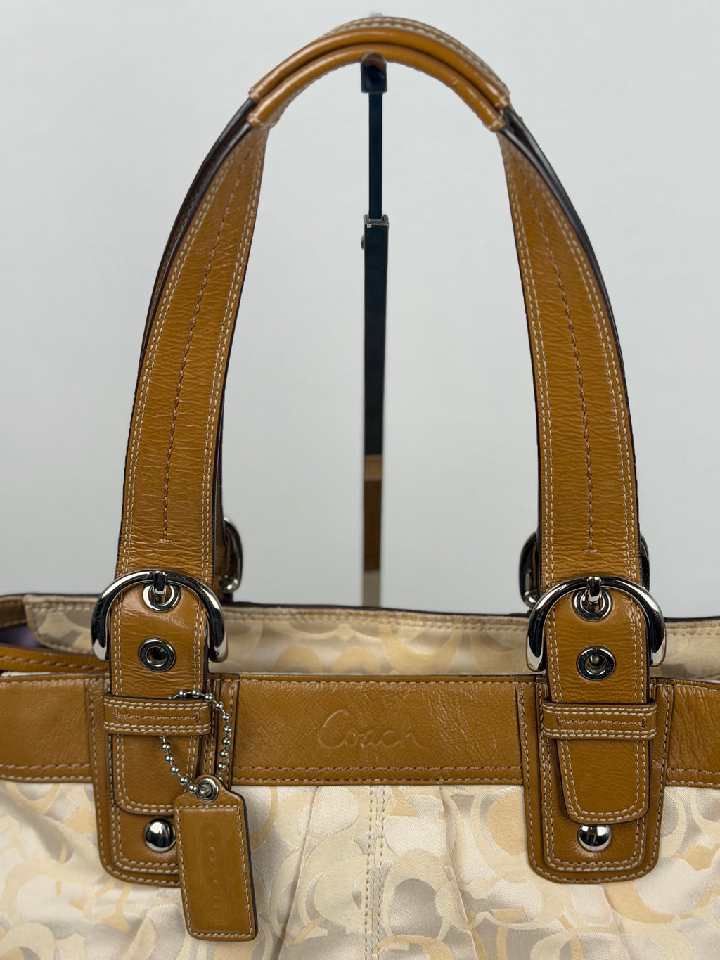 Coach F14492 Signature Cream/Beige/White Monogram Shoulder Bag Brown Leather Trim