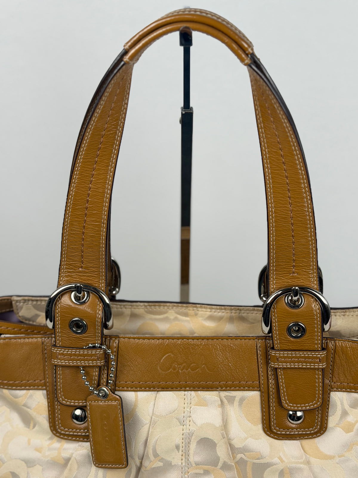 Coach F14492 Signature Cream/Beige/White Monogram Shoulder Bag Brown Leather Trim
