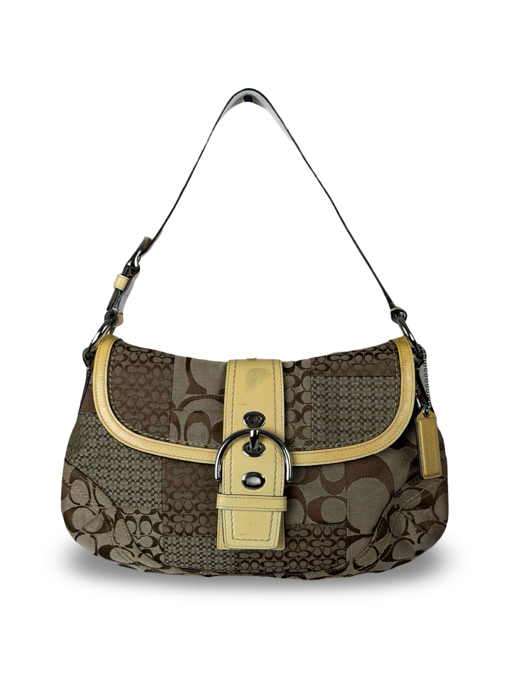 Coach F12316 Soho Signature Monogram Patchwork Shoulder Bag Yellow Patent Leather Trim