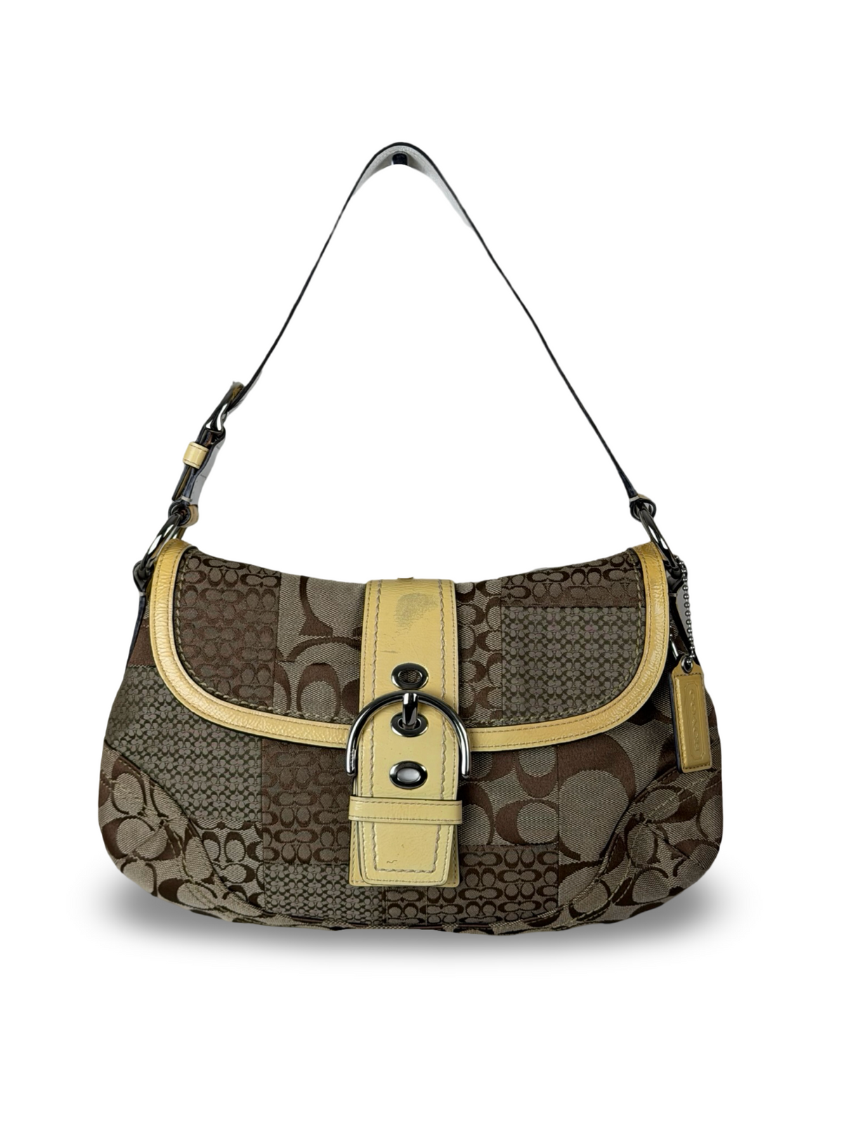 Coach F12316 Soho Signature Monogram Patchwork Shoulder Bag Yellow Patent Leather Trim