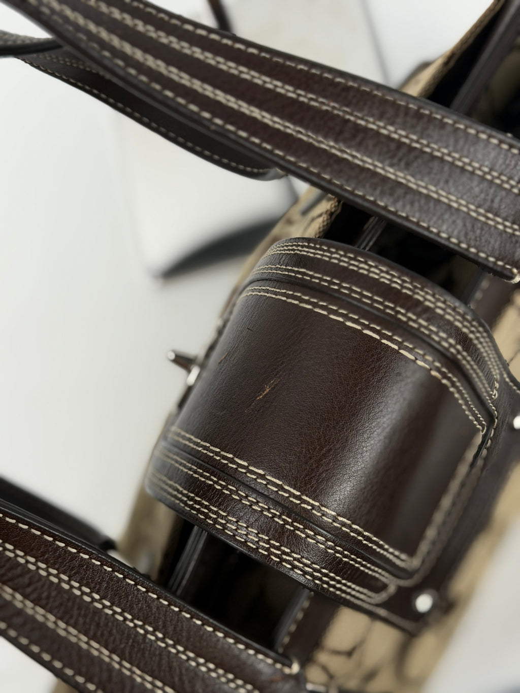 Coach F13975 Hampton Turnlock Flap Signature Brown Monogram Shoulder Bag Leather Trim
