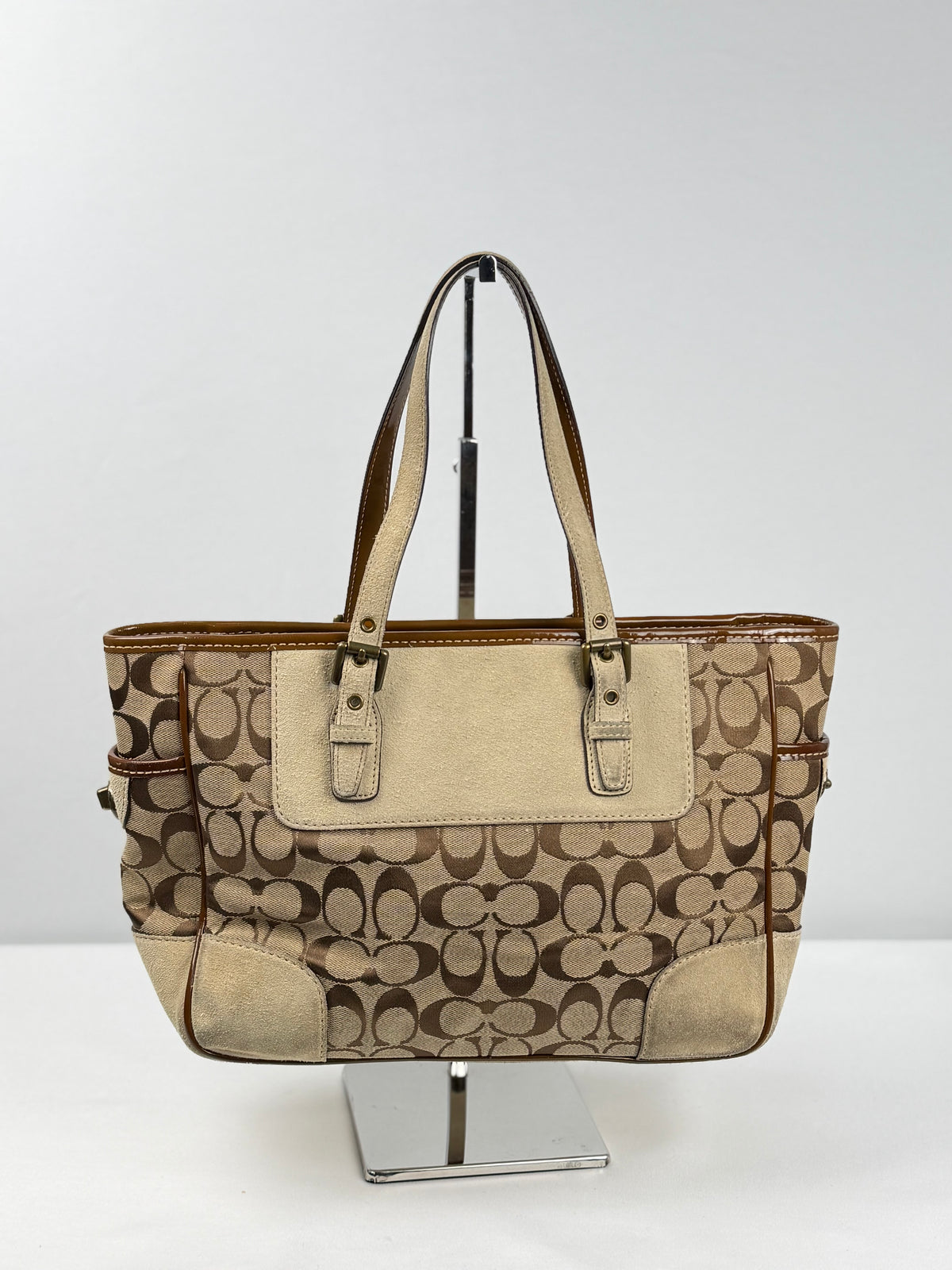 Coach 1443 Signature Brown monogram Tote Shoulder Bag Suede Leather Trim