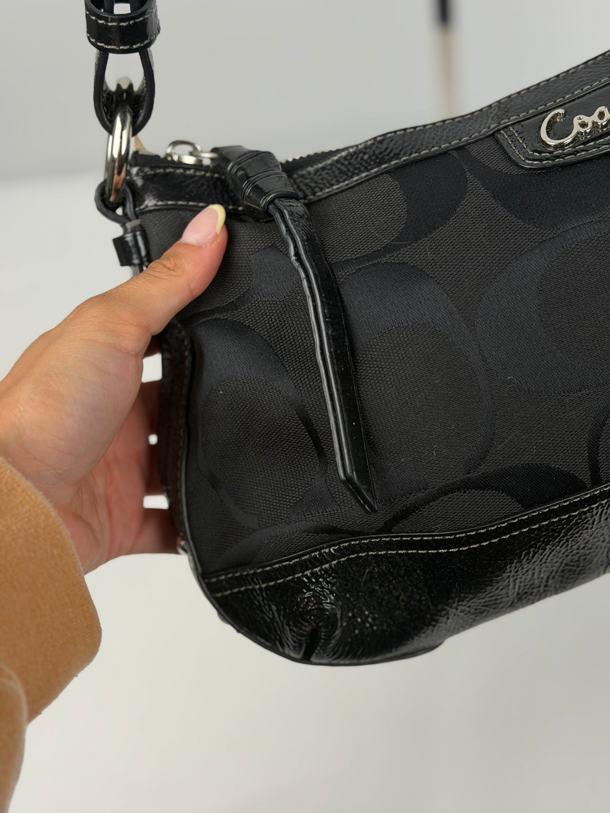 Coach F19731 Signature Black Monogram Shoulder bag Patent Leather Trim