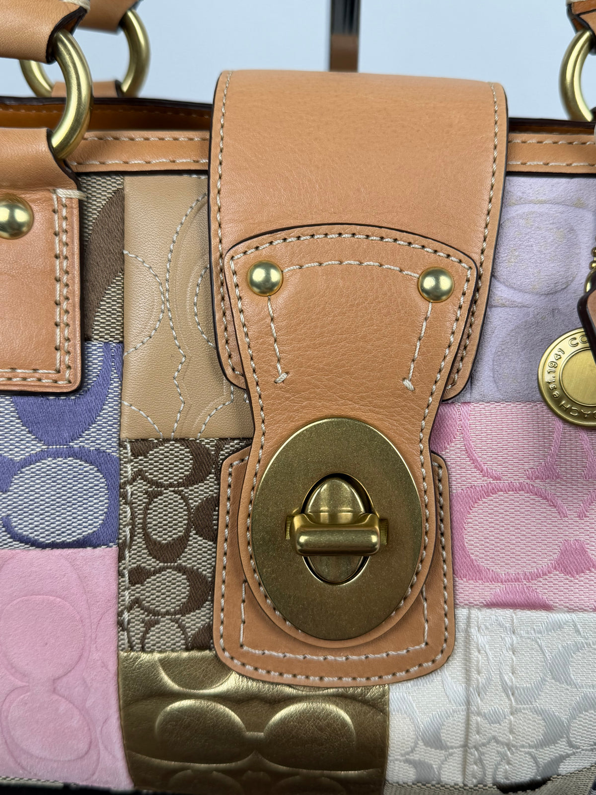 RARE Coach F13335 Patchwork Pink/Purple Turnlock Shoulder Bag Leather Trim NWT