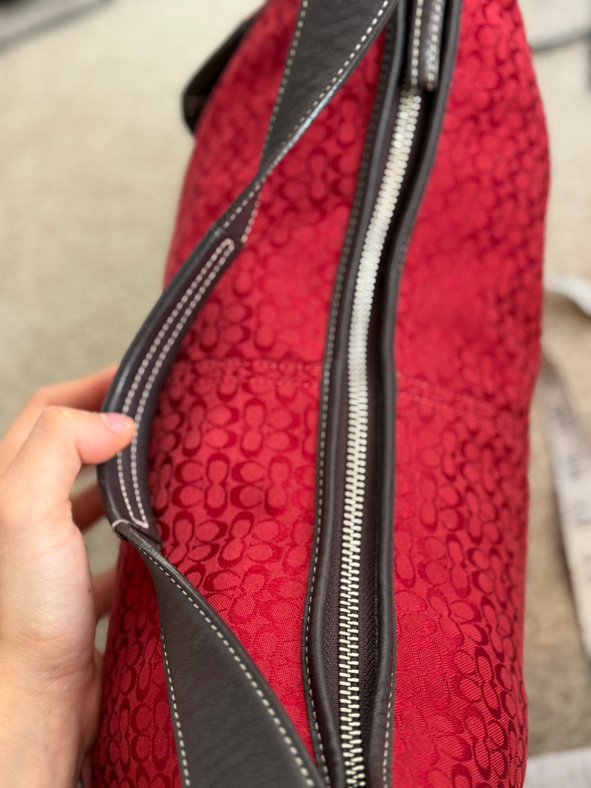 Coach 6385 Rare Hobo Red Signature Monogram Shoulder Bag with matching wristlet Brown Leather Trim