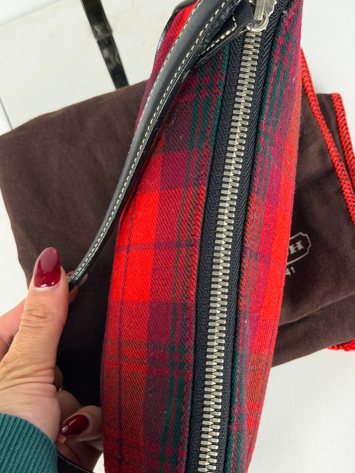 Coach Rare Red Plaid Wool Demi Shoulder Bag Black Leather Trim with dustbag