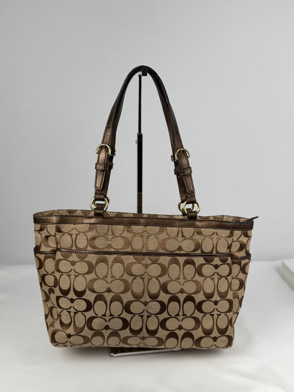Coach F17726 Signature Brown Shoulder Tote Bag Leather Trim