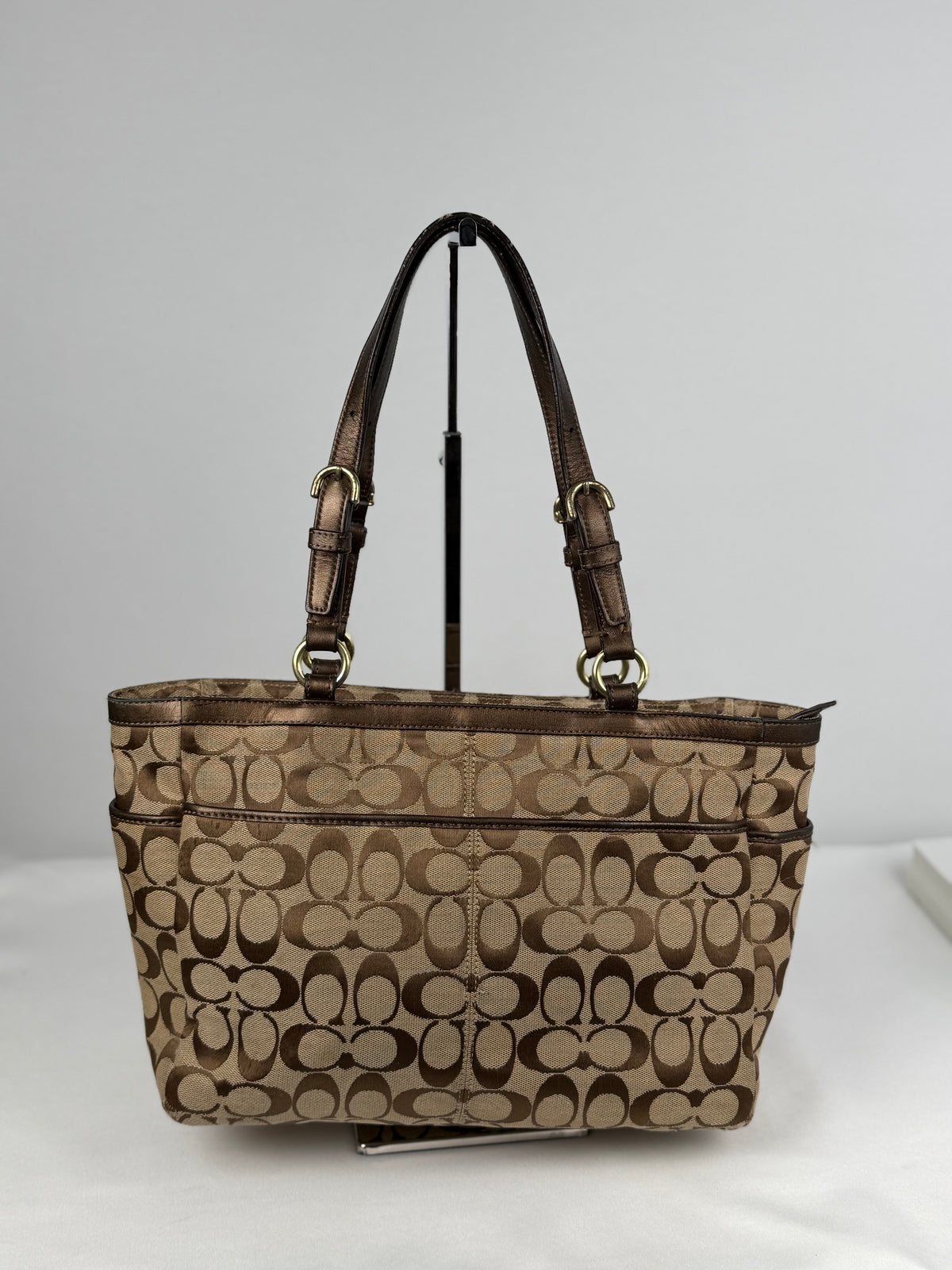 Coach F17726 Signature Brown Shoulder Tote Bag Leather Trim