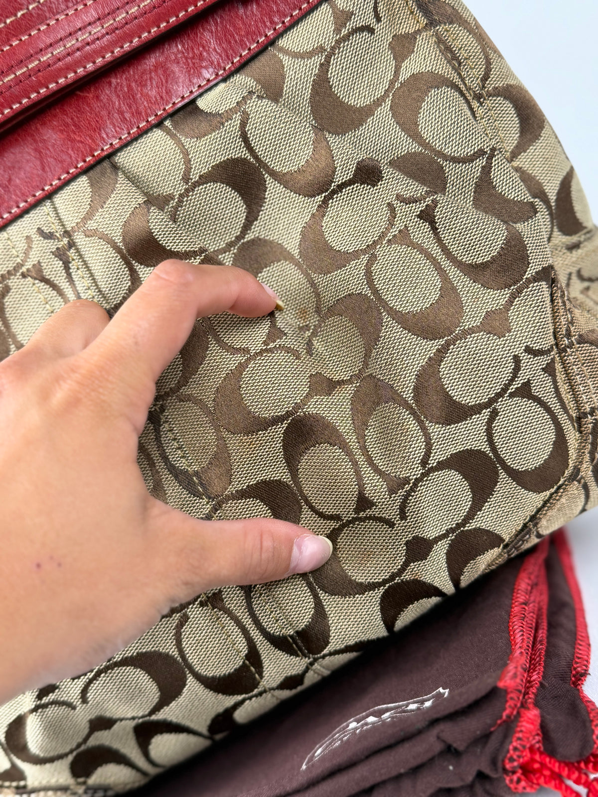 Coach 12467 Signature Brown Monogram Shoulder Bag Red Leather Trim