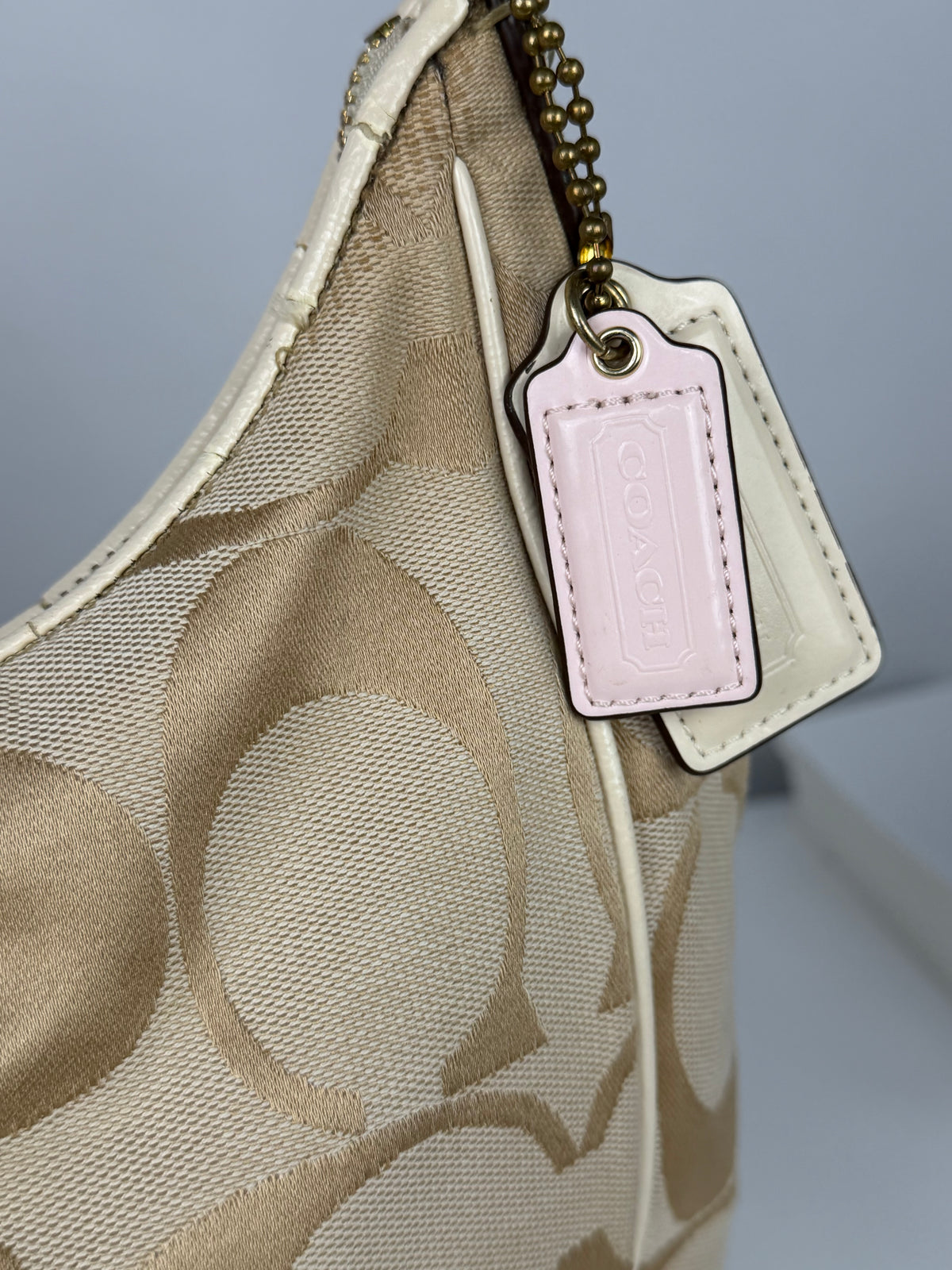 Coach F21873 Signature Beige Monogram Shoulder Bag Cream Leather Trim