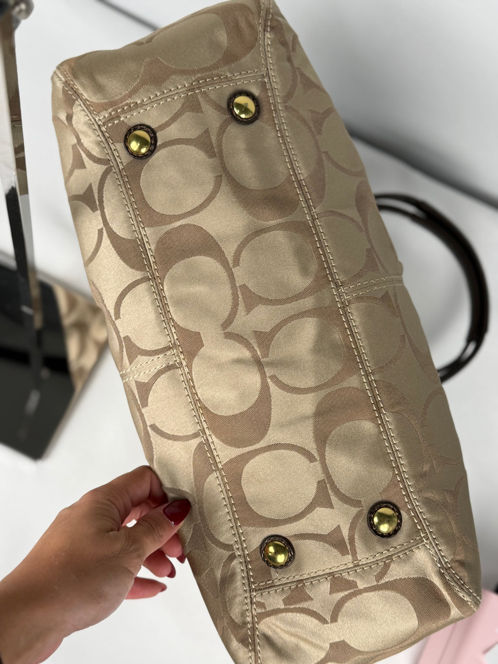 Coach F13906 Rare Turnlock Signature Beige Monogram Shoulder Bag Brown Leather Trim