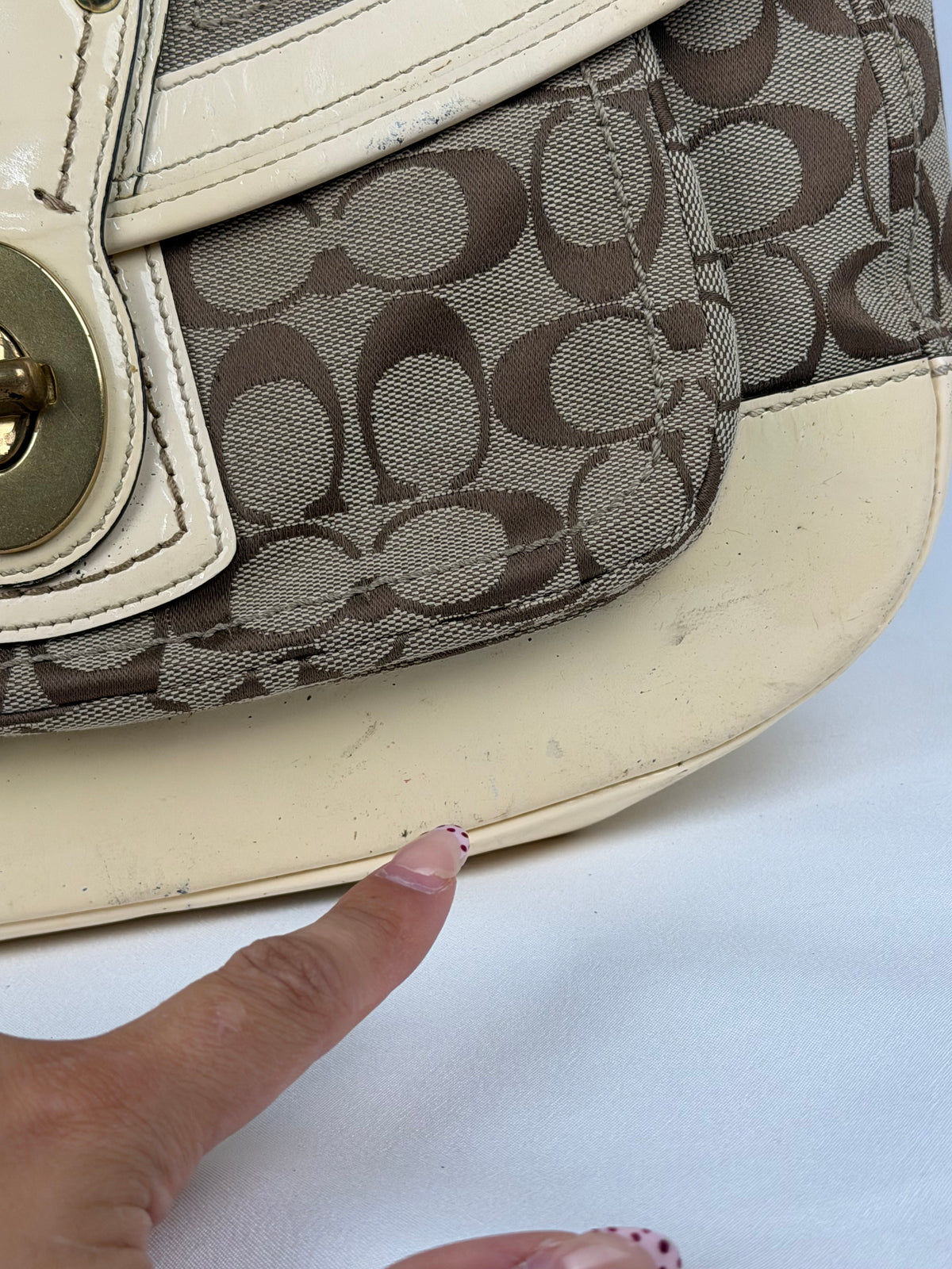 Coach F12857 Legacy Ali Signature Brown Monogram Shoulder Bag Cream Patent Leather Trim