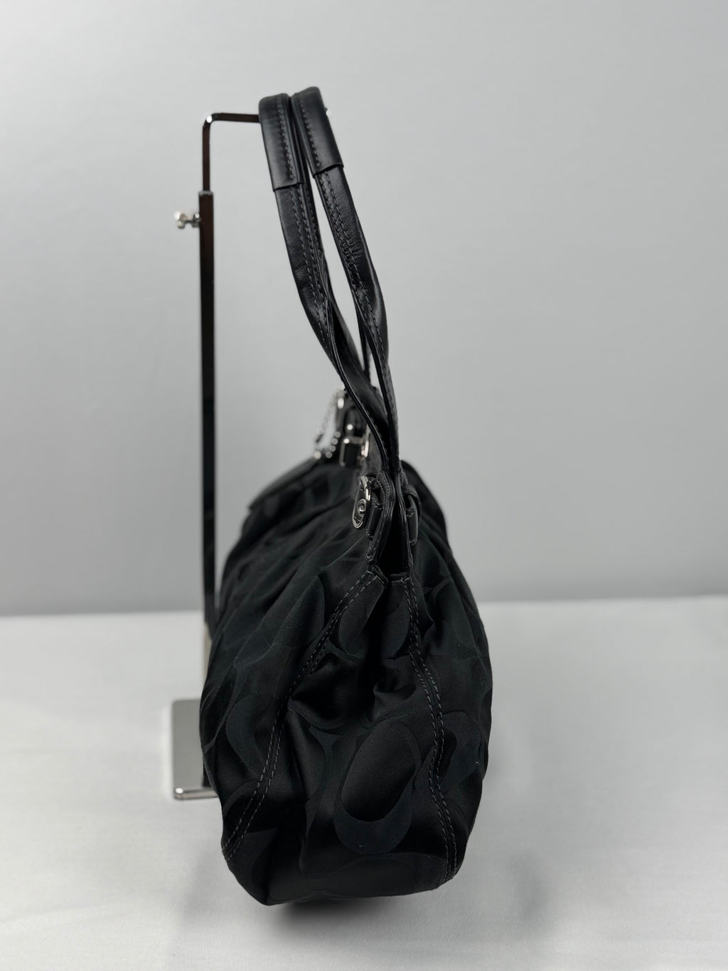 Coach F13906 Signature Black Monogram Satchel Turnlock Shoulder Bag Leather Trim