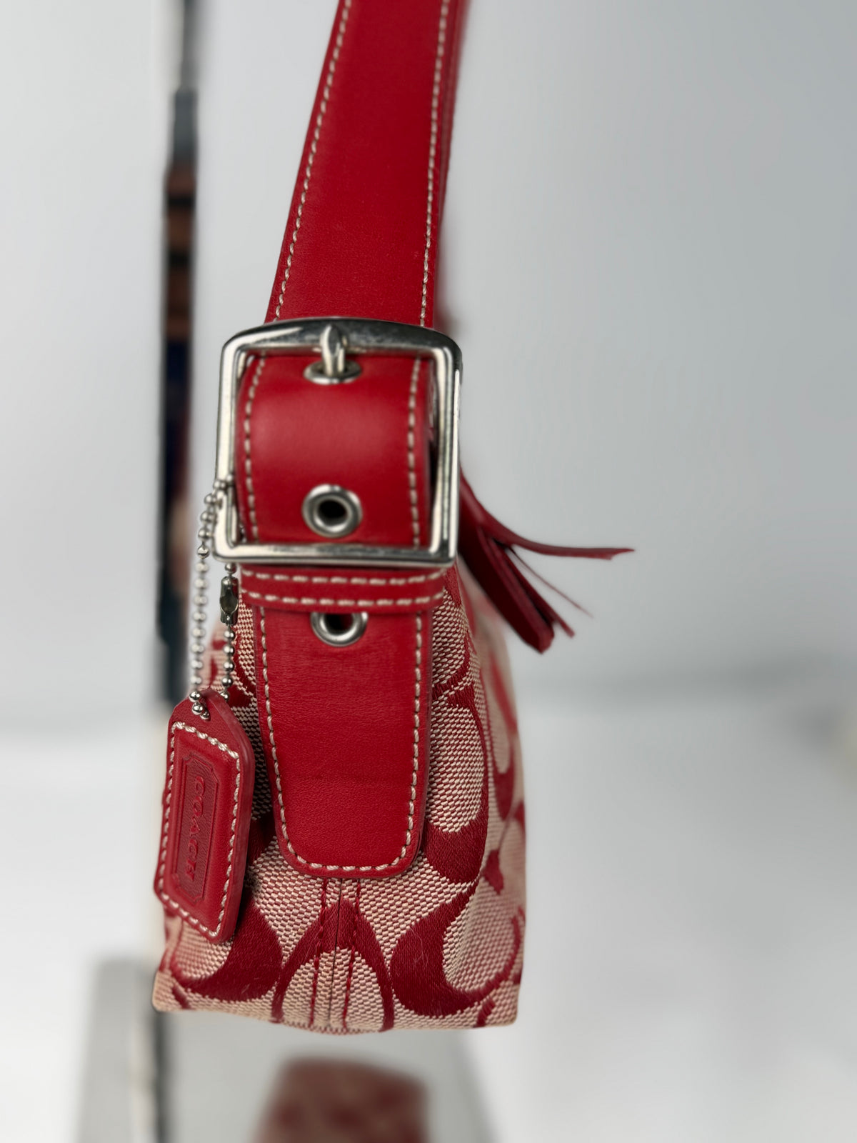 Rare Coach 6371 Signature Red Baguette Shoulder Bag Leather Trim