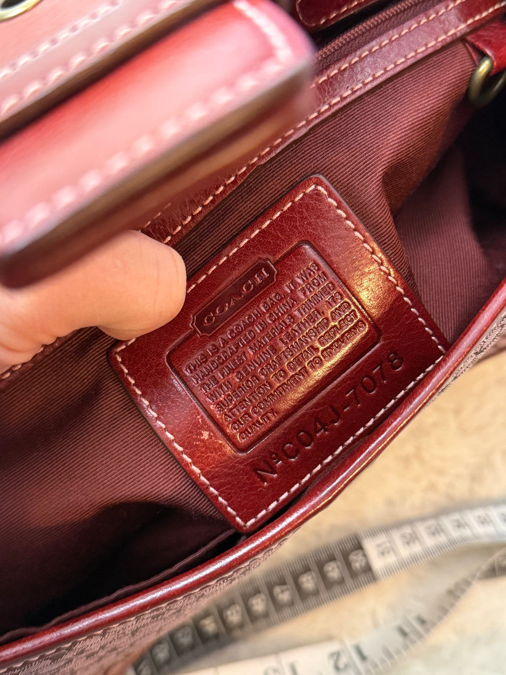 Coach 7078 Rare Soho Red Signature Monogram Hand Bag Leather Trim