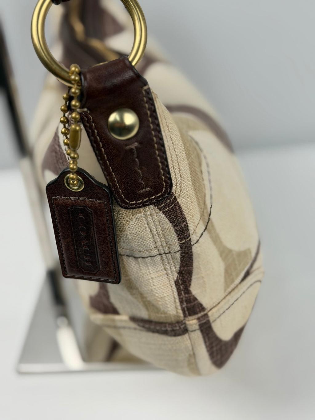 RARE Coach 12190 Signature Brown/Cream Monogram Hobo Shoulder Bag Leather Trim