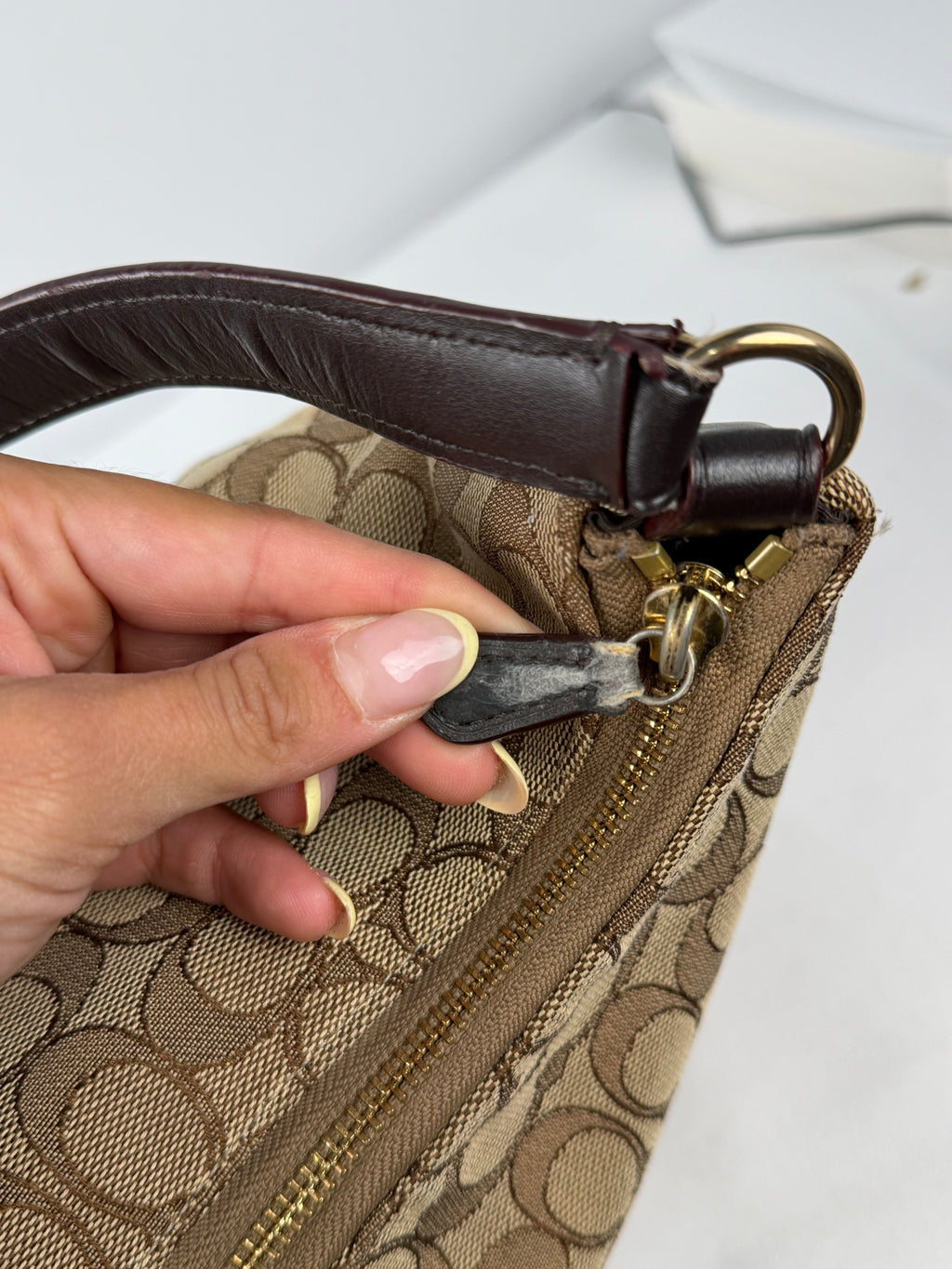 Coach F29959 Signature Brown Monogram Shoulder Bag Brown Leather Trim